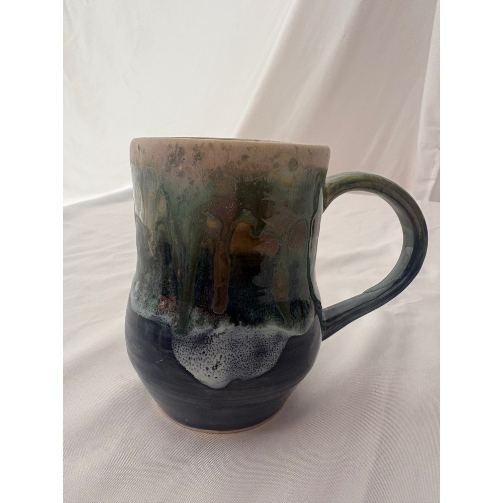 Tracie Taylor Studio Pottery Mug Handcrafted Drip Glaze Blue Green Artisan Cup